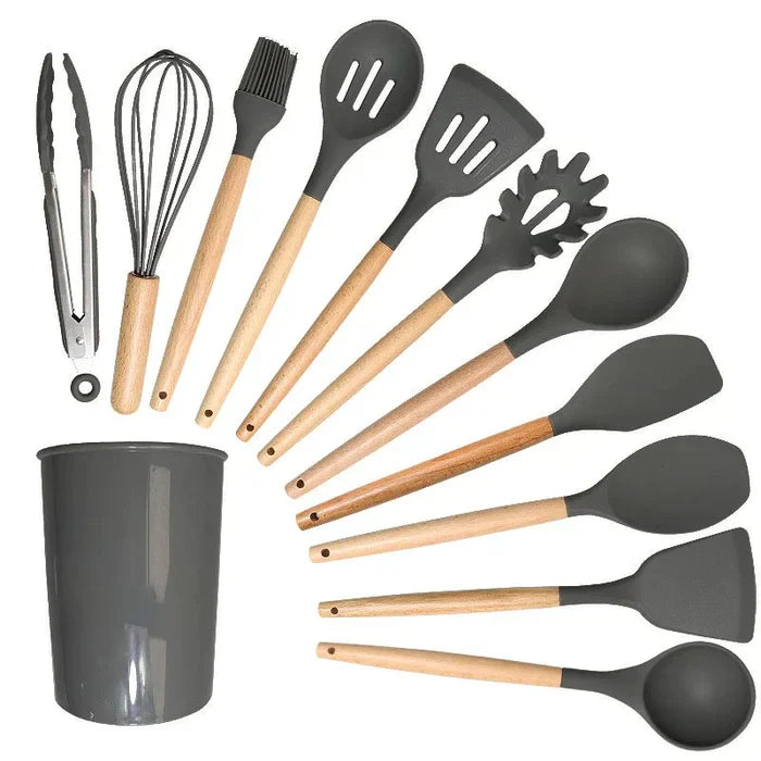 Kit Utensílios de Cozinha Silicone com Cabo de Madeira