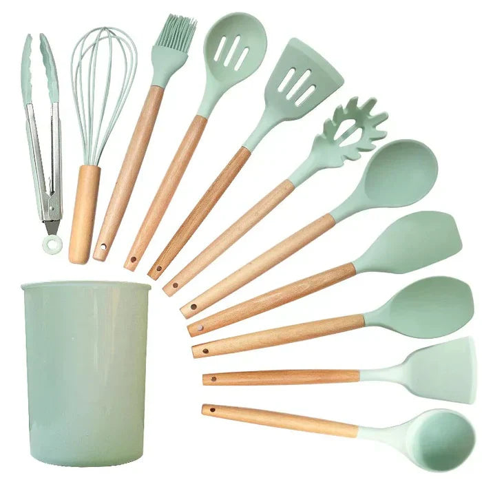 Kit Utensílios de Cozinha Silicone com Cabo de Madeira